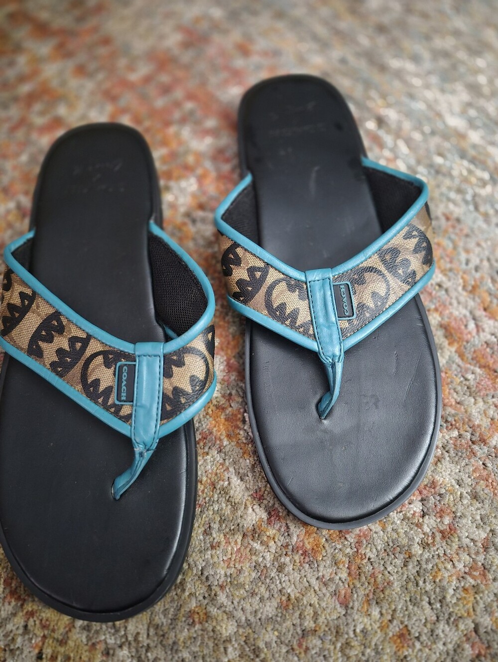 Coach Teal-Trim Monogram Flip Flops Featuring A Rexy Graphic